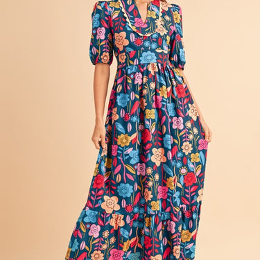 Retro Floral Printed Split Neck Maxi Dress