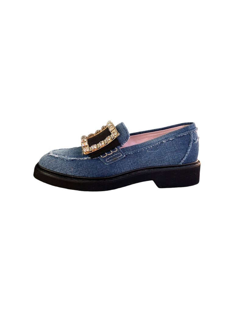 Roger Vivier Viv' Rangers Embellished Denim Loafers - US 7.5 / EU 38.5